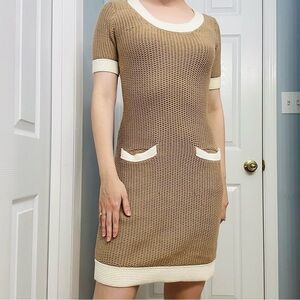 Vintage Dress Mini Knit Fitted Bodycon Neutral Y2K Brown White Academia Medium